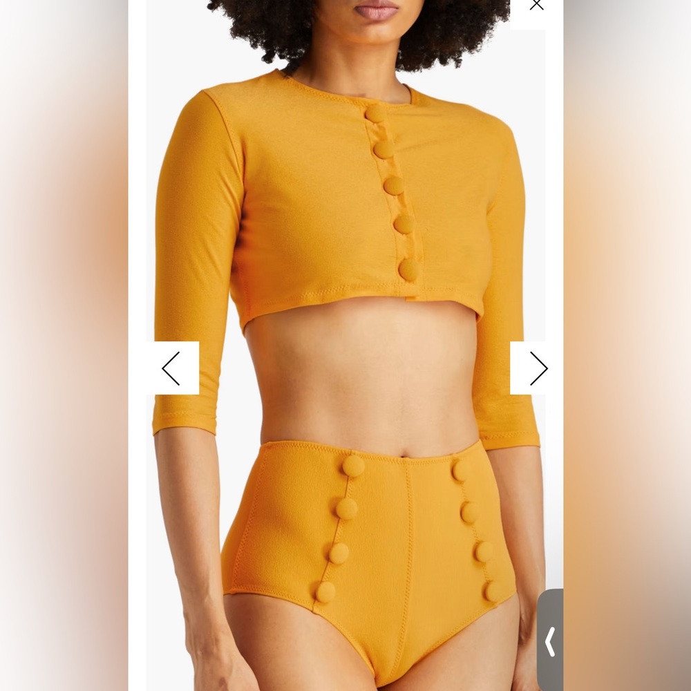 LISA MARIE FERNANDEZ 3-piece cropped cardigan high waisted yellow bikini set